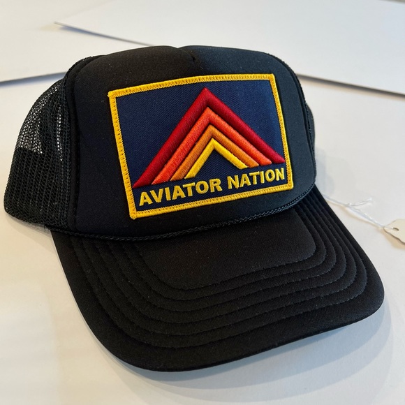 NWT Aviator Nation Vintage mesh Trucker Hat Mountain Stripe Patch Logo β black - Picture 14 of 14